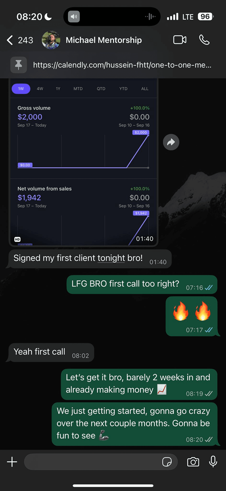 Signed his first client — $2,000 in his first two weeks