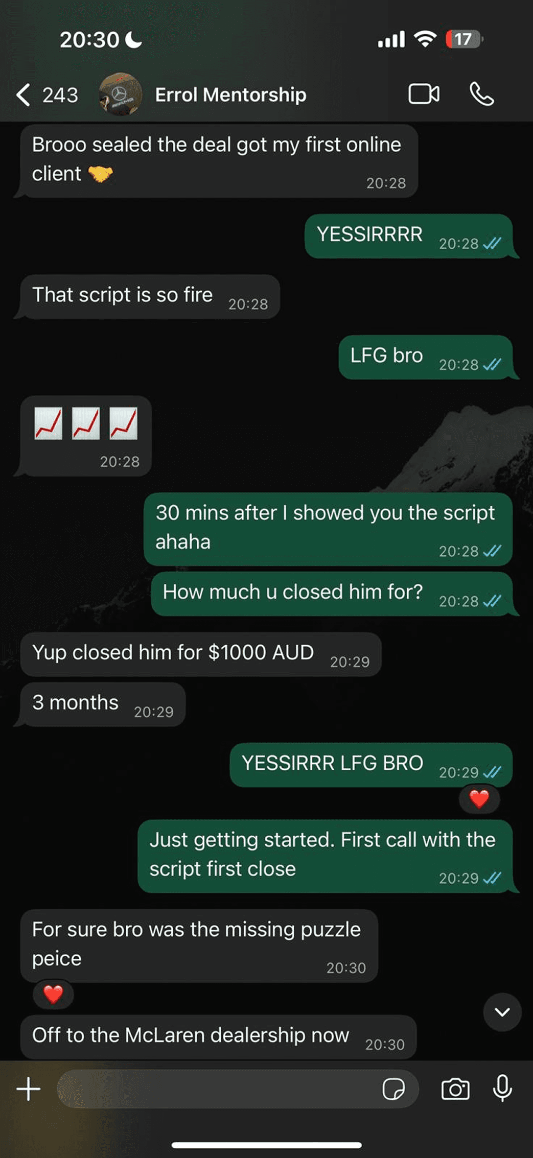 First ever sales call. First ever close. $1,000 AUD.