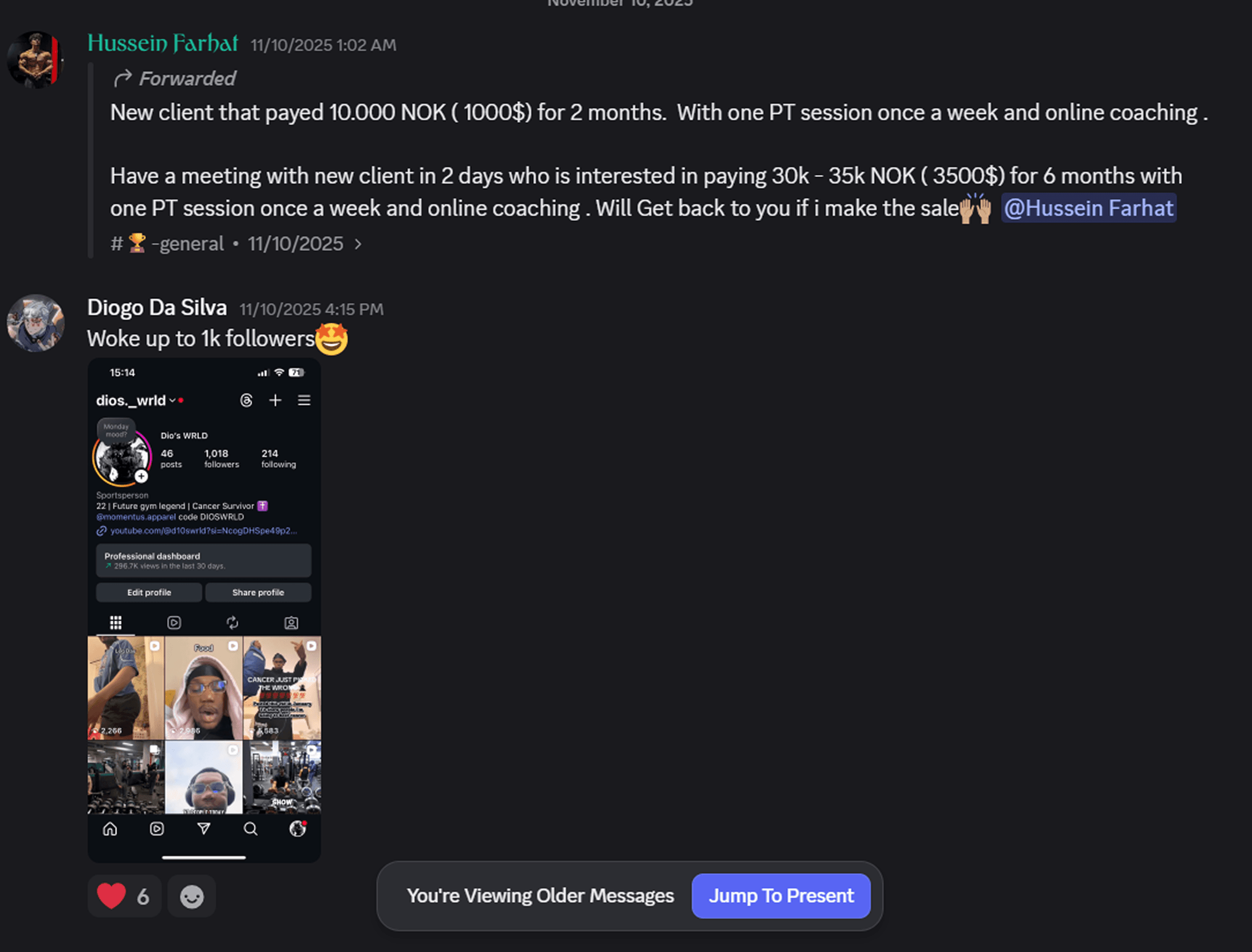 New client pays $1,000 for coaching