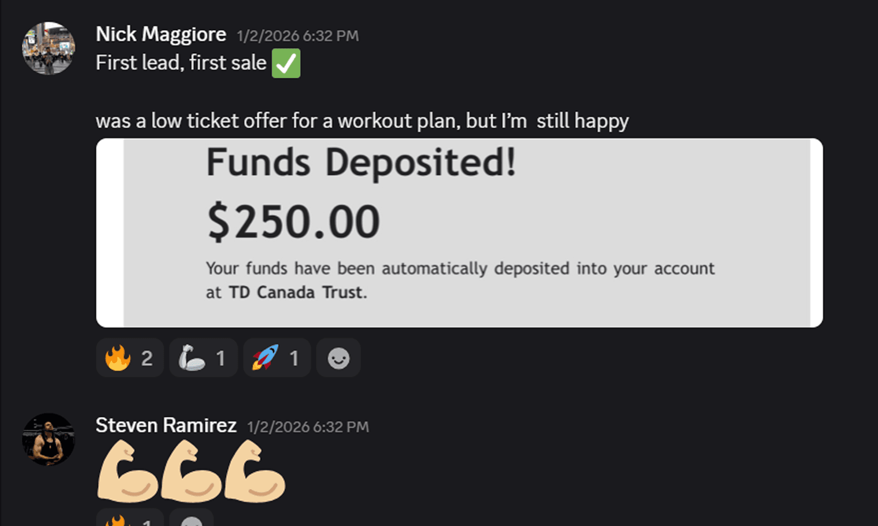First lead turned into first sale — $250 deposited