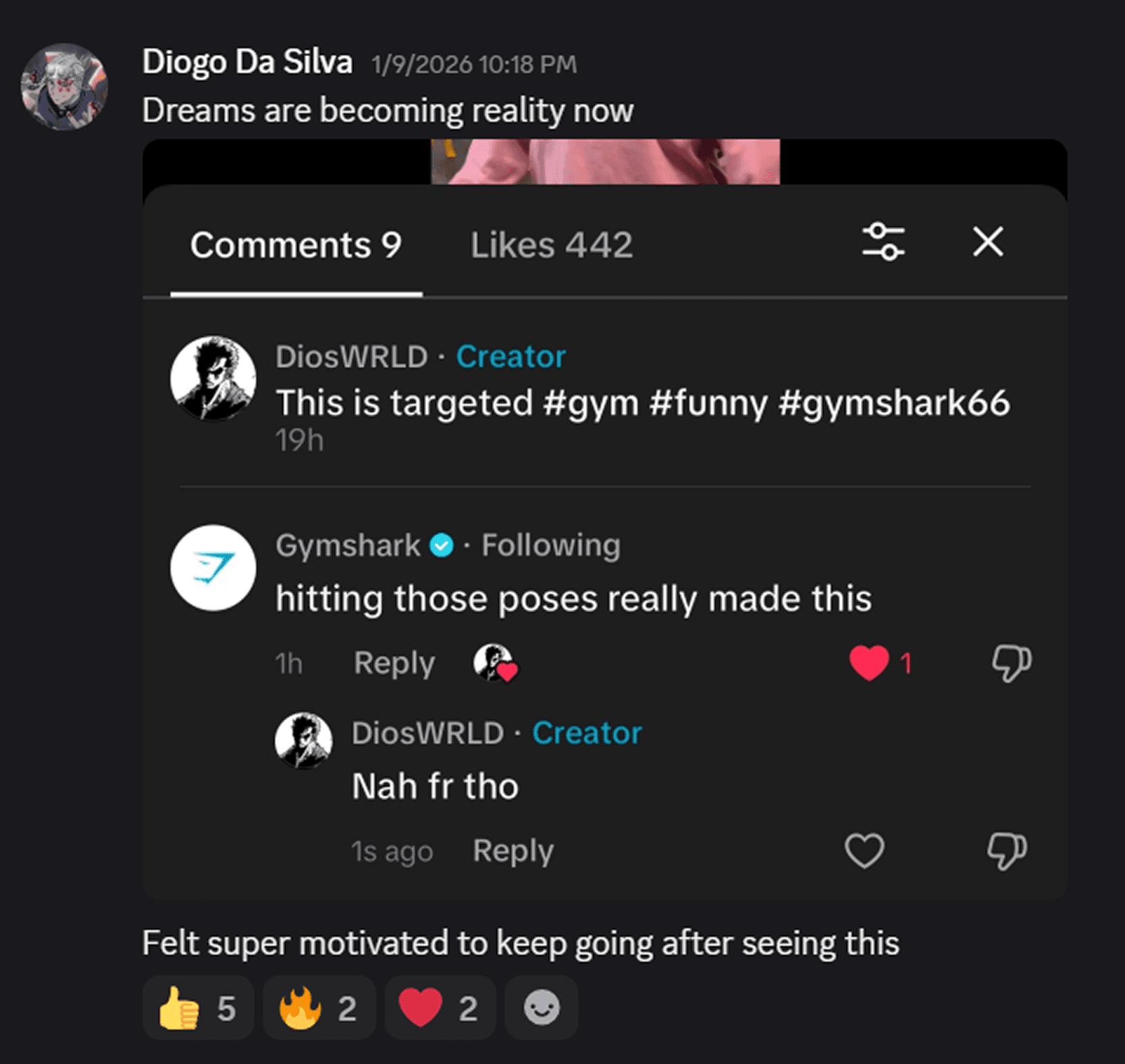 Gymshark comments on his TikTok — brand recognition unlocked