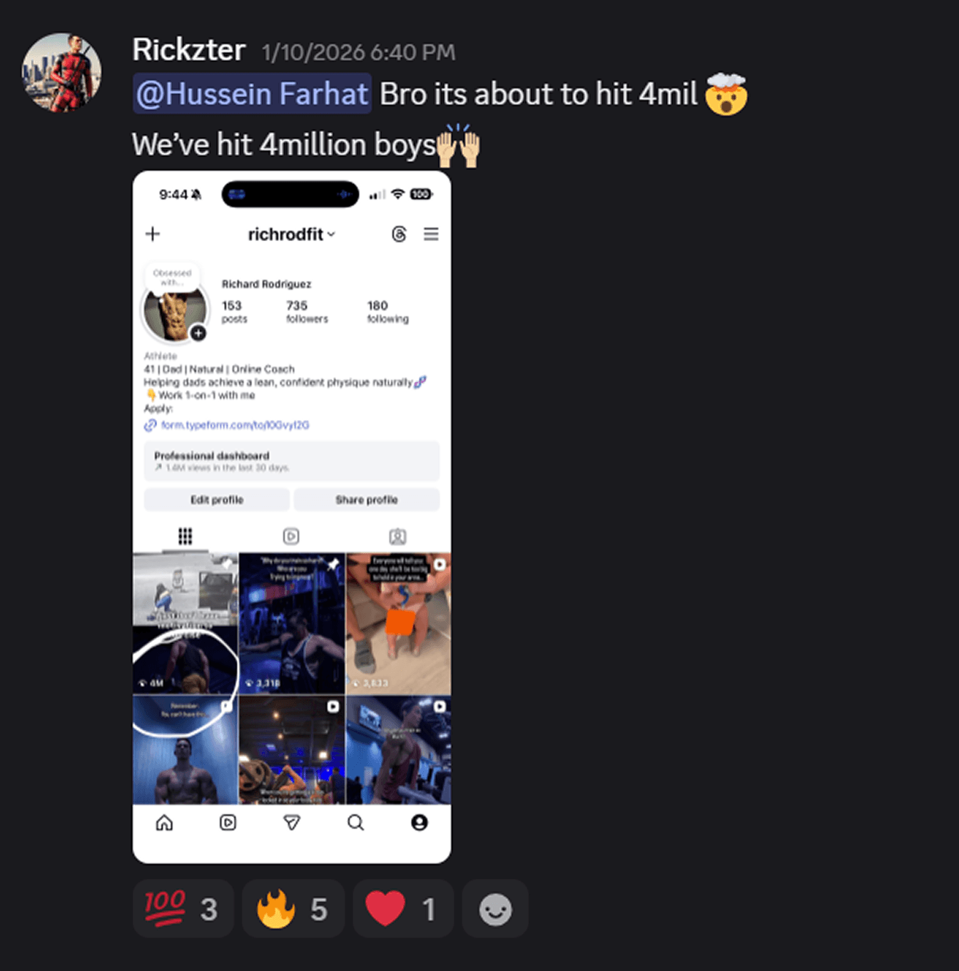 4 million views on Instagram