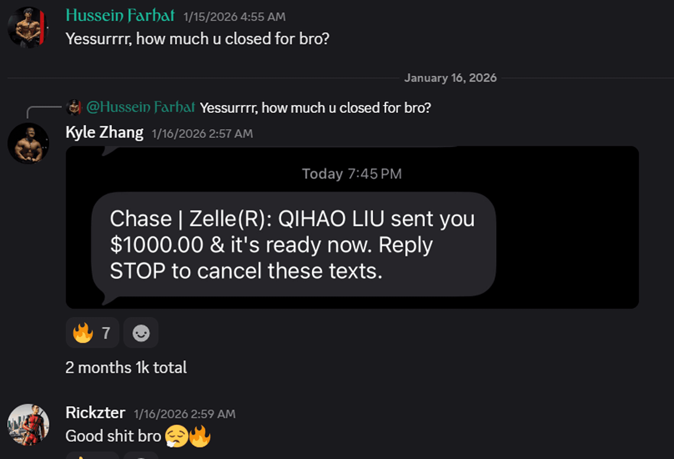 $1,000 Zelle payment — only 2 months into the program